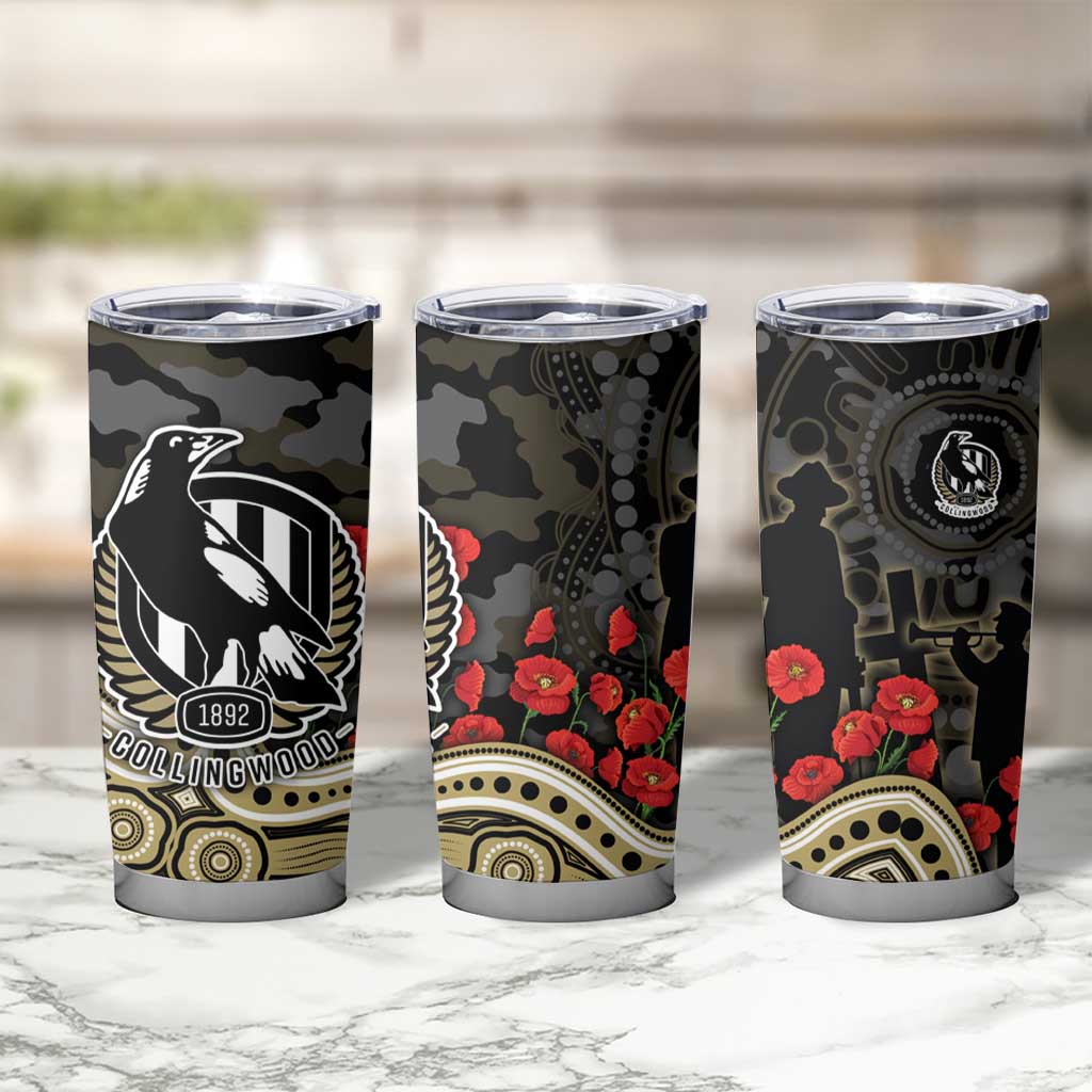 Collingwood Magpies ANZAC Day Tumbler Cup Indigenous Dot Art with Poppy Flower Tribute