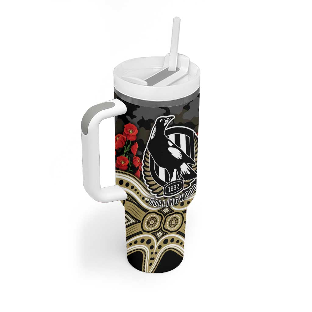 Collingwood Magpies ANZAC Day Tumbler With Handle Indigenous Dot Art with Poppy Flower Tribute