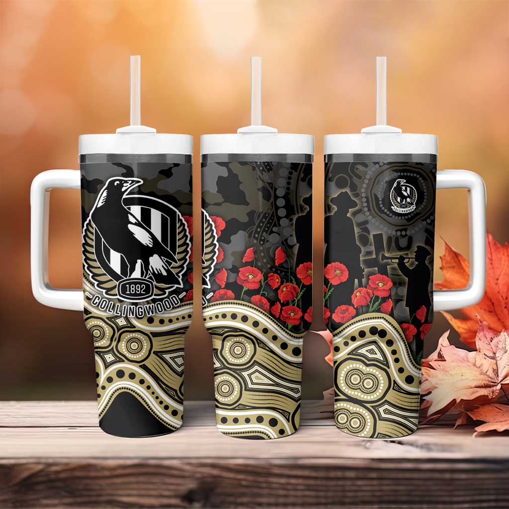 Collingwood Magpies ANZAC Day Tumbler With Handle Indigenous Dot Art with Poppy Flower Tribute