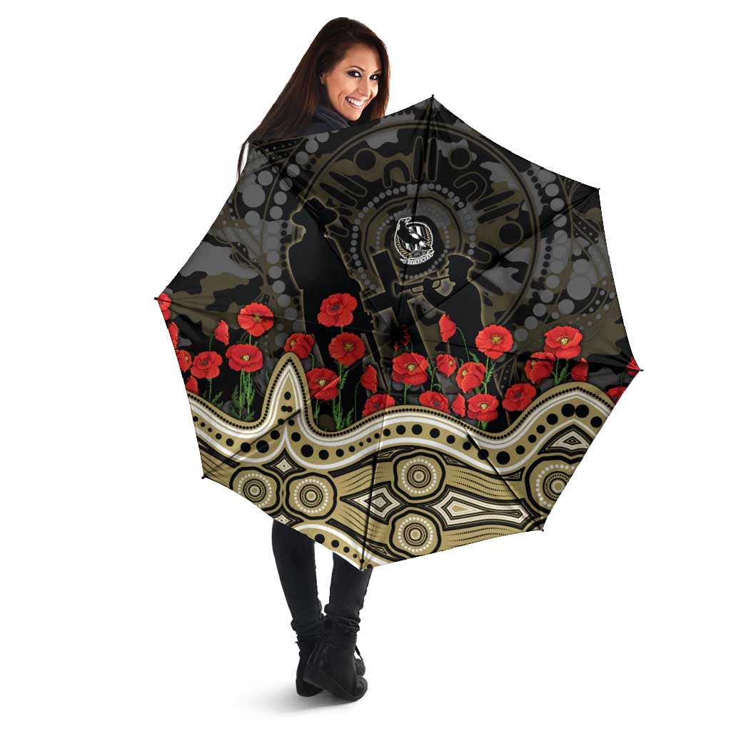 Collingwood Magpies ANZAC Day Umbrella Indigenous Dot Art with Poppy Flower Tribute