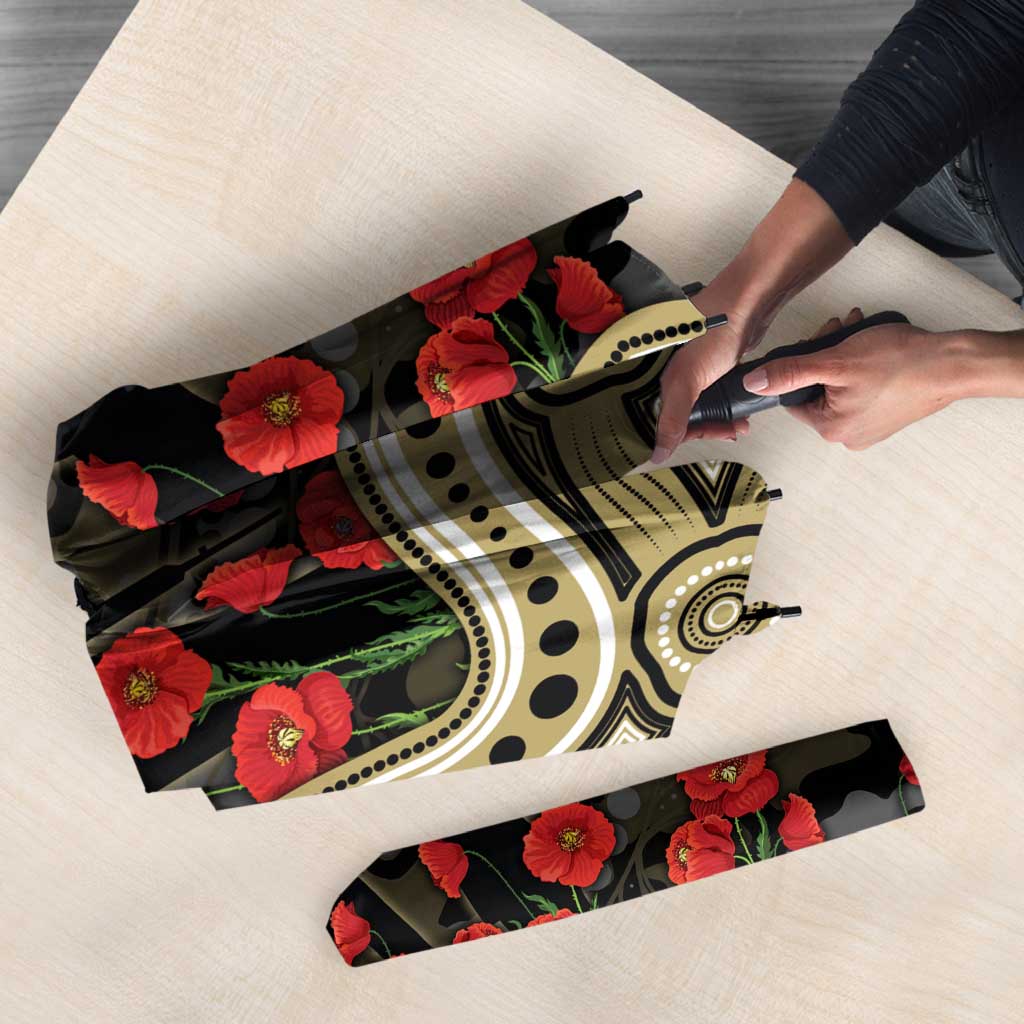 Collingwood Magpies ANZAC Day Umbrella Indigenous Dot Art with Poppy Flower Tribute