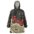 Collingwood Magpies ANZAC Day Wearable Blanket Hoodie Indigenous Dot Art with Poppy Flower Tribute