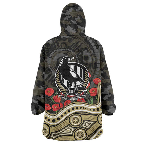 Collingwood Magpies ANZAC Day Wearable Blanket Hoodie Indigenous Dot Art with Poppy Flower Tribute