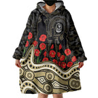Collingwood Magpies ANZAC Day Wearable Blanket Hoodie Indigenous Dot Art with Poppy Flower Tribute