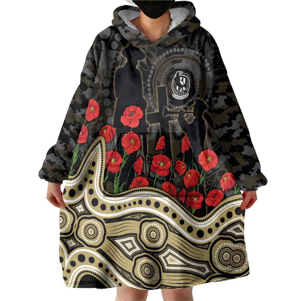 Collingwood Magpies ANZAC Day Wearable Blanket Hoodie Indigenous Dot Art with Poppy Flower Tribute