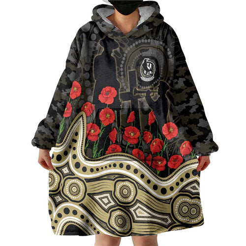 Collingwood Magpies ANZAC Day Wearable Blanket Hoodie Indigenous Dot Art with Poppy Flower Tribute