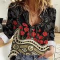 Collingwood Magpies ANZAC Day Women Casual Shirt Indigenous Dot Art with Poppy Flower Tribute