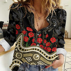 Collingwood Magpies ANZAC Day Women Casual Shirt Indigenous Dot Art with Poppy Flower Tribute