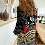 Collingwood Magpies ANZAC Day Women Casual Shirt Indigenous Dot Art with Poppy Flower Tribute