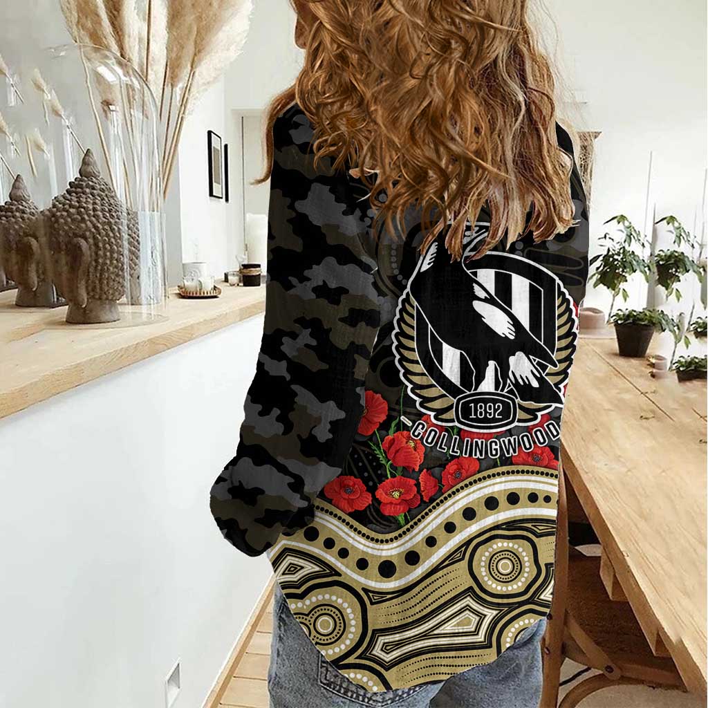Collingwood Magpies ANZAC Day Women Casual Shirt Indigenous Dot Art with Poppy Flower Tribute