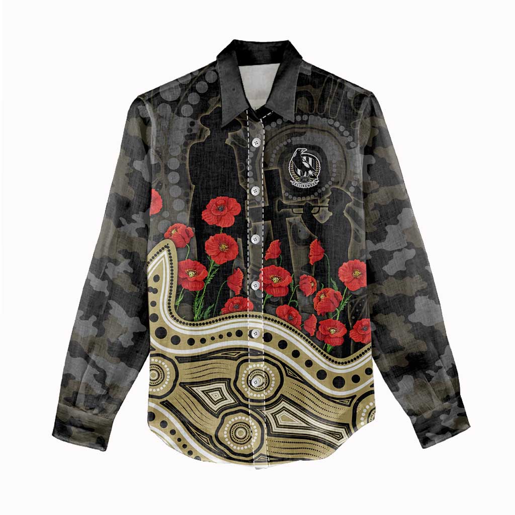 Collingwood Magpies ANZAC Day Women Casual Shirt Indigenous Dot Art with Poppy Flower Tribute
