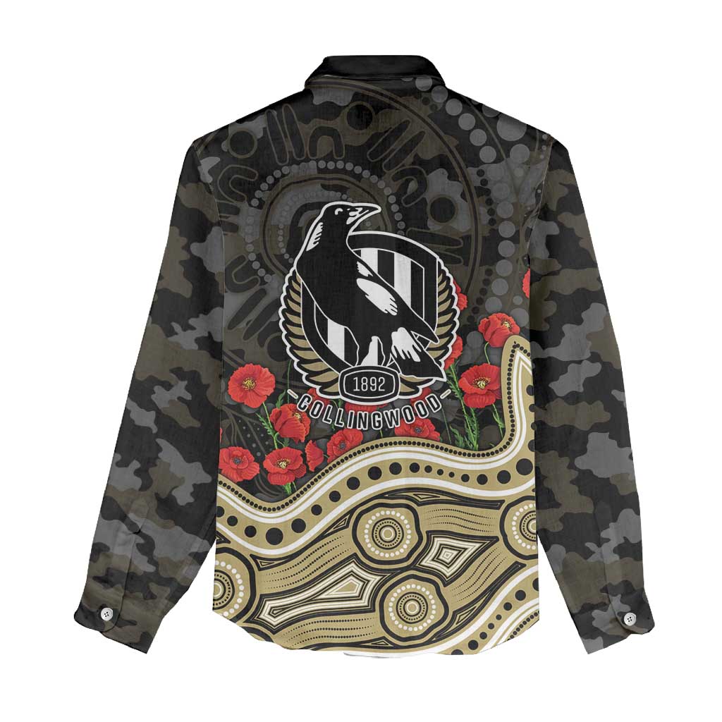 Collingwood Magpies ANZAC Day Women Casual Shirt Indigenous Dot Art with Poppy Flower Tribute
