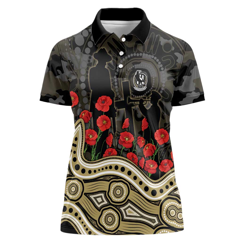 Collingwood Magpies ANZAC Day Women Polo Shirt Indigenous Dot Art with Poppy Flower Tribute