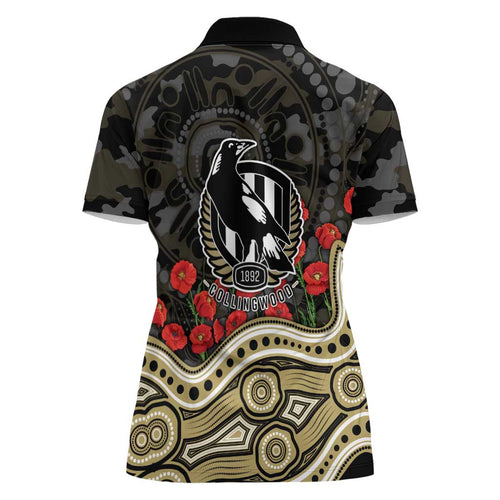 Collingwood Magpies ANZAC Day Women Polo Shirt Indigenous Dot Art with Poppy Flower Tribute