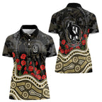 Collingwood Magpies ANZAC Day Women Polo Shirt Indigenous Dot Art with Poppy Flower Tribute