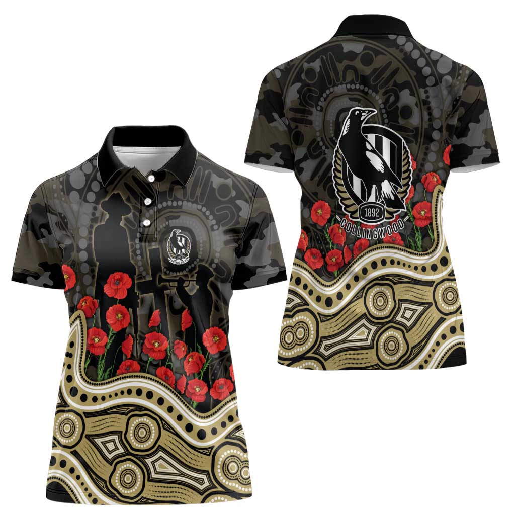 Collingwood Magpies ANZAC Day Women Polo Shirt Indigenous Dot Art with Poppy Flower Tribute