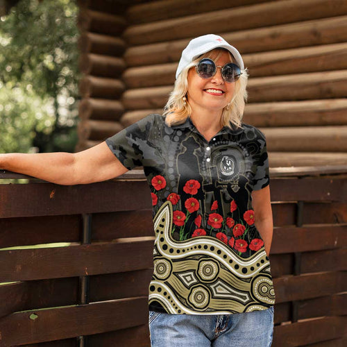 Collingwood Magpies ANZAC Day Women Polo Shirt Indigenous Dot Art with Poppy Flower Tribute
