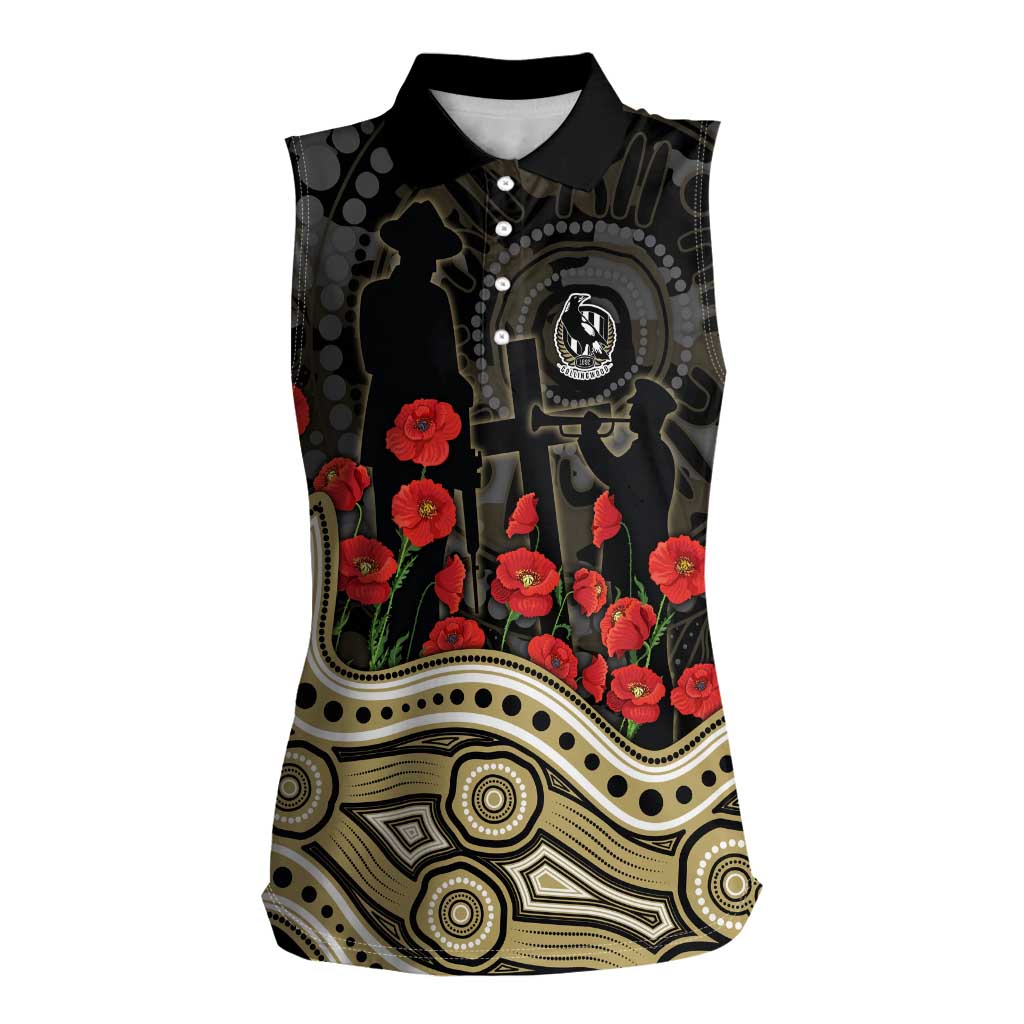 Collingwood Magpies ANZAC Day Women Sleeveless Polo Shirt Indigenous Dot Art with Poppy Flower Tribute