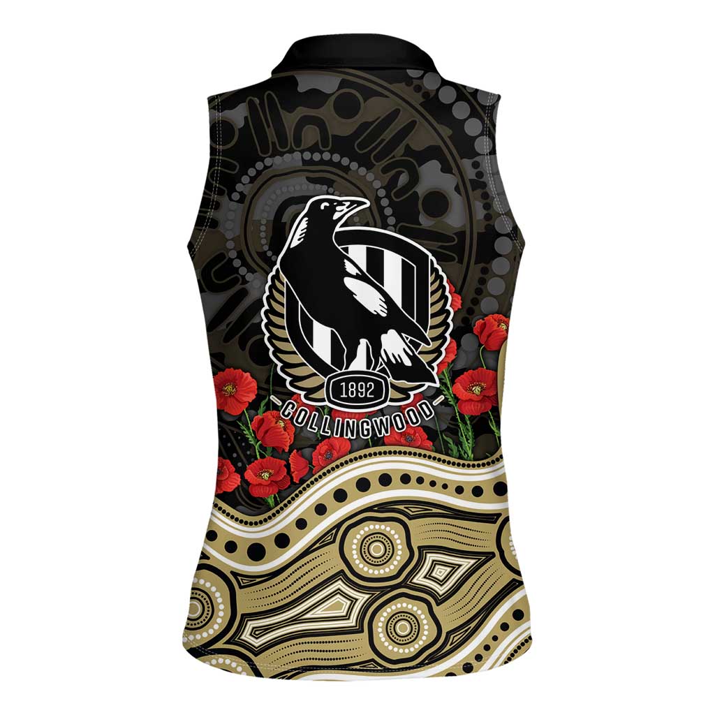Collingwood Magpies ANZAC Day Women Sleeveless Polo Shirt Indigenous Dot Art with Poppy Flower Tribute