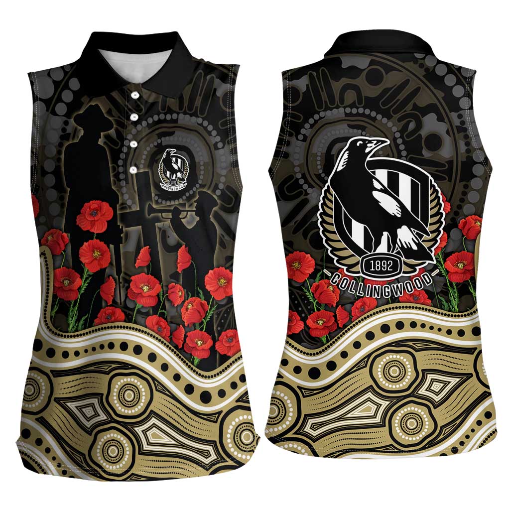 Collingwood Magpies ANZAC Day Women Sleeveless Polo Shirt Indigenous Dot Art with Poppy Flower Tribute