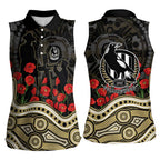 Collingwood Magpies ANZAC Day Women Sleeveless Polo Shirt Indigenous Dot Art with Poppy Flower Tribute