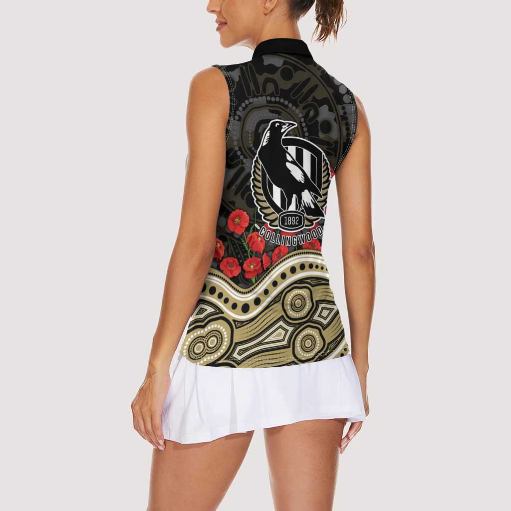 Collingwood Magpies ANZAC Day Women Sleeveless Polo Shirt Indigenous Dot Art with Poppy Flower Tribute