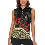 Collingwood Magpies ANZAC Day Women Sleeveless Polo Shirt Indigenous Dot Art with Poppy Flower Tribute