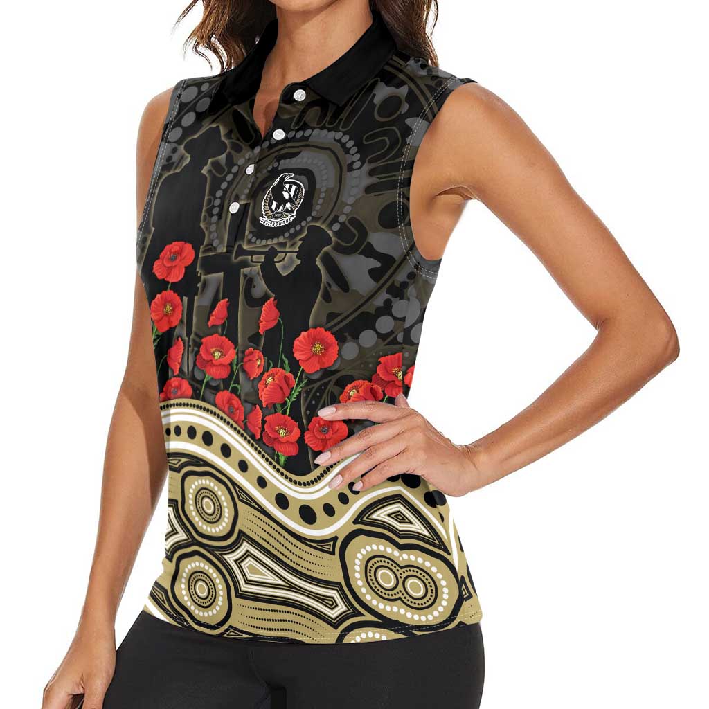 Collingwood Magpies ANZAC Day Women Sleeveless Polo Shirt Indigenous Dot Art with Poppy Flower Tribute
