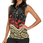 Collingwood Magpies ANZAC Day Women Sleeveless Polo Shirt Indigenous Dot Art with Poppy Flower Tribute