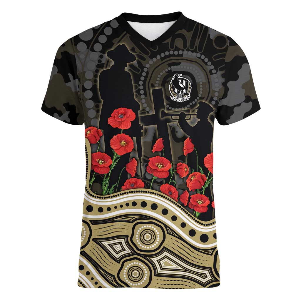 Collingwood Magpies ANZAC Day Women V-Neck T-Shirt Indigenous Dot Art with Poppy Flower Tribute