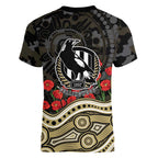 Collingwood Magpies ANZAC Day Women V-Neck T-Shirt Indigenous Dot Art with Poppy Flower Tribute