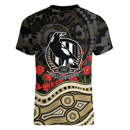 Collingwood Magpies ANZAC Day Women V-Neck T-Shirt Indigenous Dot Art with Poppy Flower Tribute