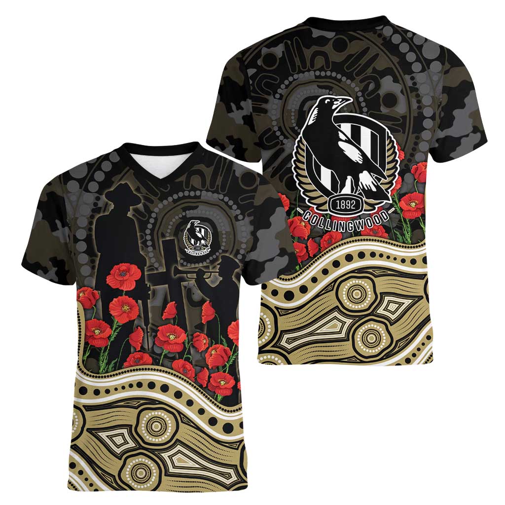 Collingwood Magpies ANZAC Day Women V-Neck T-Shirt Indigenous Dot Art with Poppy Flower Tribute