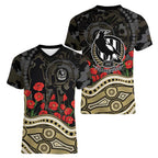 Collingwood Magpies ANZAC Day Women V-Neck T-Shirt Indigenous Dot Art with Poppy Flower Tribute