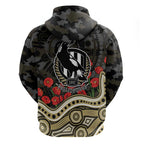 Collingwood Magpies ANZAC Day Zip Hoodie Indigenous Dot Art with Poppy Flower Tribute