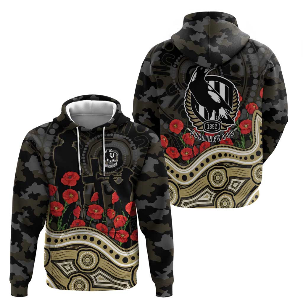 Collingwood Magpies ANZAC Day Zip Hoodie Indigenous Dot Art with Poppy Flower Tribute