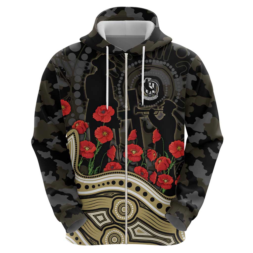 Collingwood Magpies ANZAC Day Zip Hoodie Indigenous Dot Art with Poppy Flower Tribute