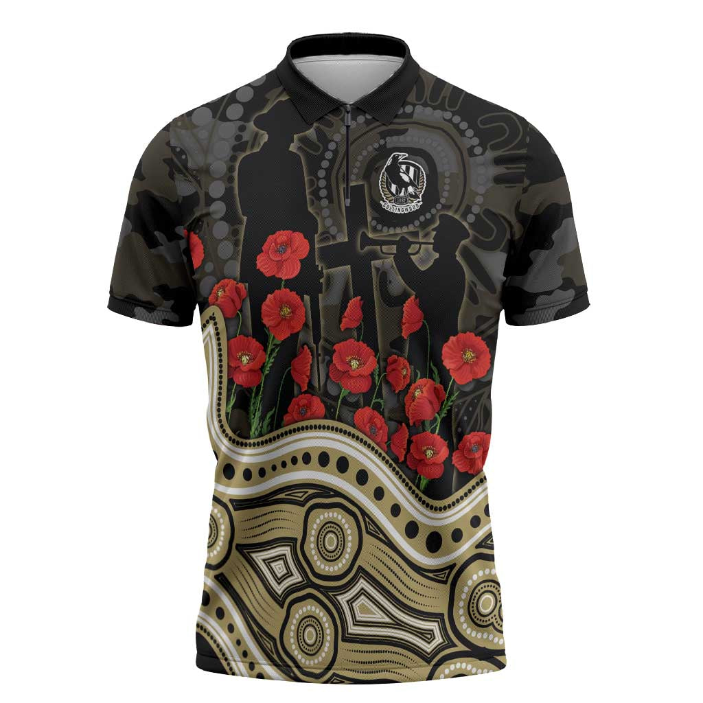 Collingwood Magpies ANZAC Day Zipper Polo Shirt Indigenous Dot Art with Poppy Flower Tribute