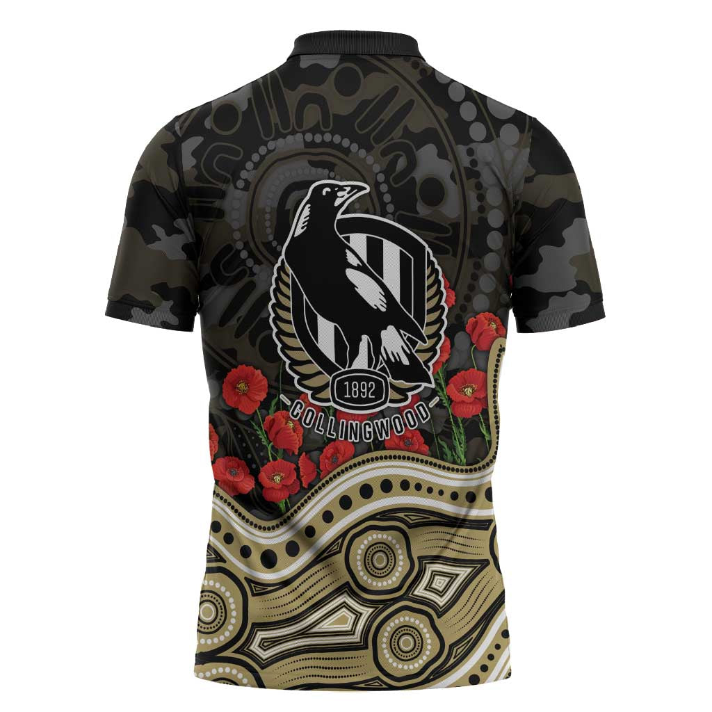 Collingwood Magpies ANZAC Day Zipper Polo Shirt Indigenous Dot Art with Poppy Flower Tribute