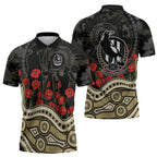 Collingwood Magpies ANZAC Day Zipper Polo Shirt Indigenous Dot Art with Poppy Flower Tribute