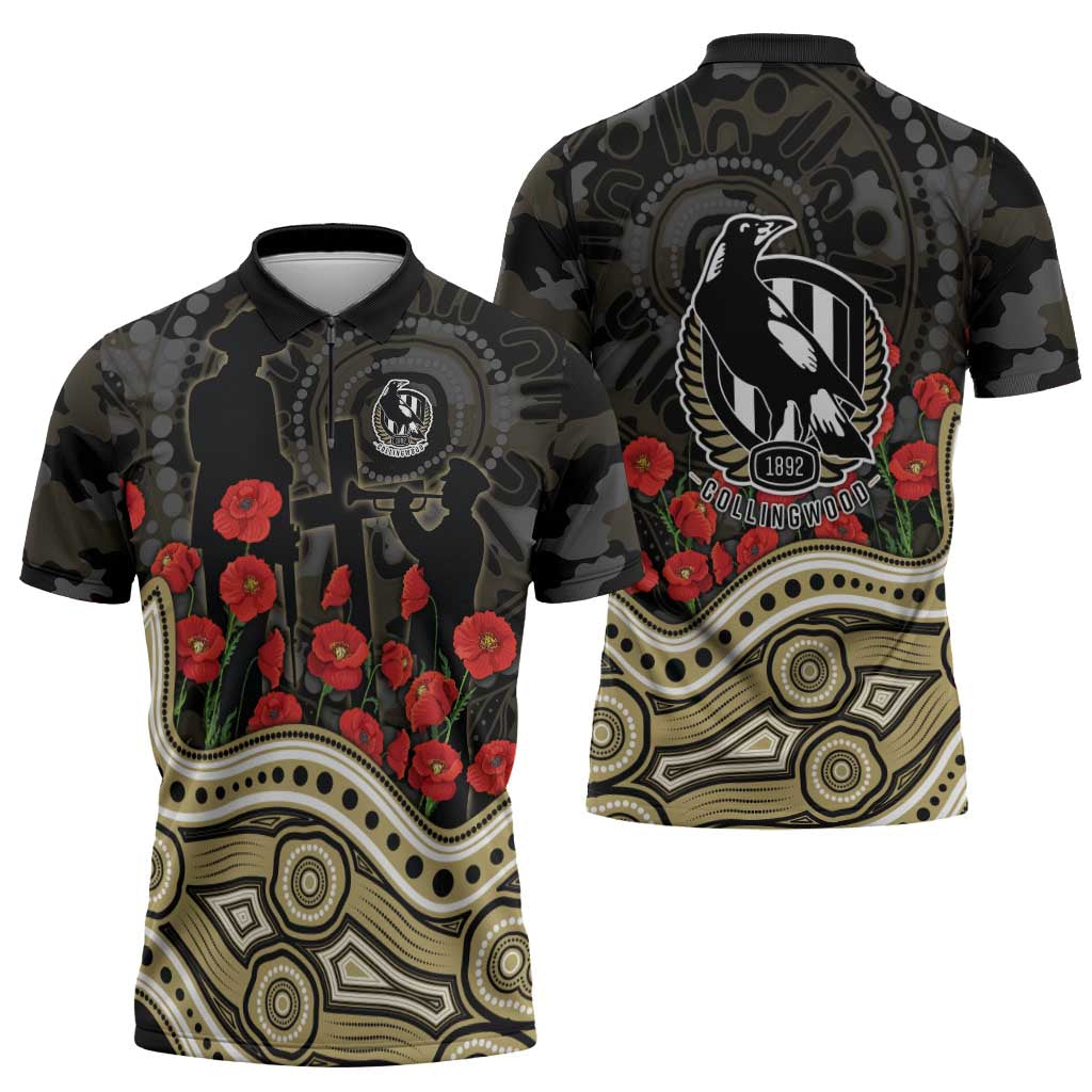 Collingwood Magpies ANZAC Day Zipper Polo Shirt Indigenous Dot Art with Poppy Flower Tribute