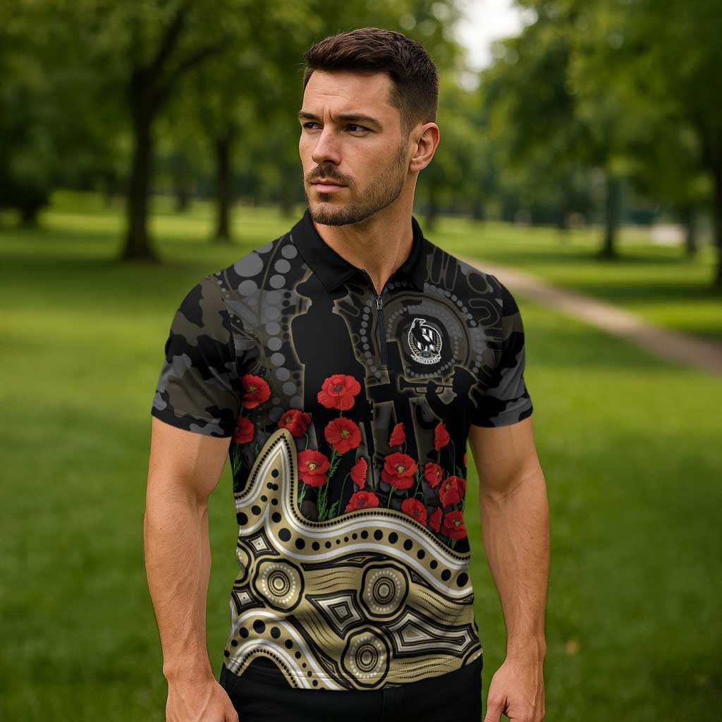 Collingwood Magpies ANZAC Day Zipper Polo Shirt Indigenous Dot Art with Poppy Flower Tribute