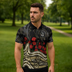 Collingwood Magpies ANZAC Day Zipper Polo Shirt Indigenous Dot Art with Poppy Flower Tribute