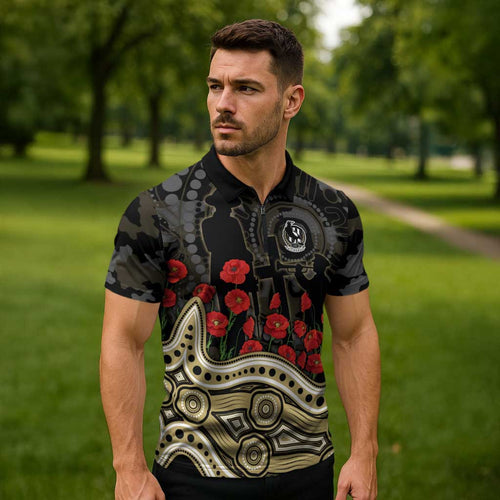 Collingwood Magpies ANZAC Day Zipper Polo Shirt Indigenous Dot Art with Poppy Flower Tribute
