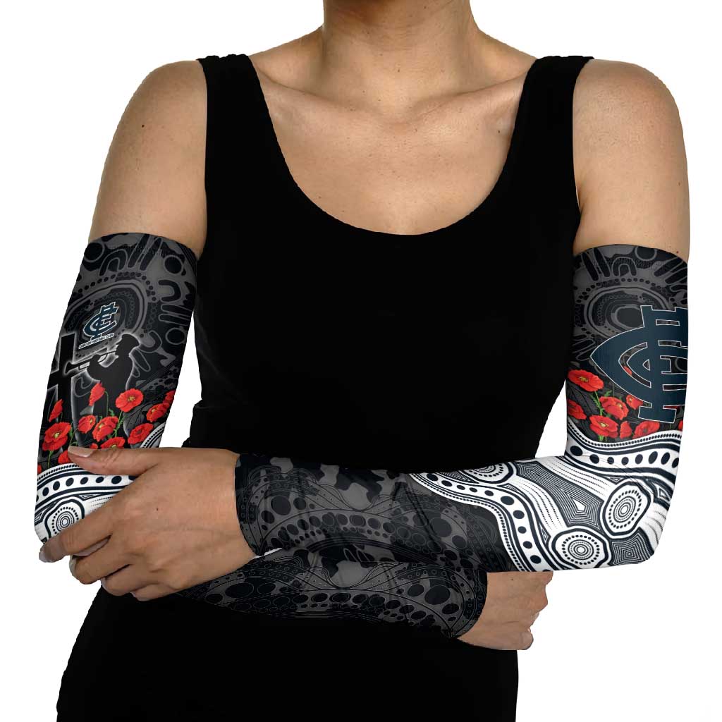 Carlton Blues ANZAC Day Arm Sleeves Indigenous Dot Art with Poppy Flower Tribute