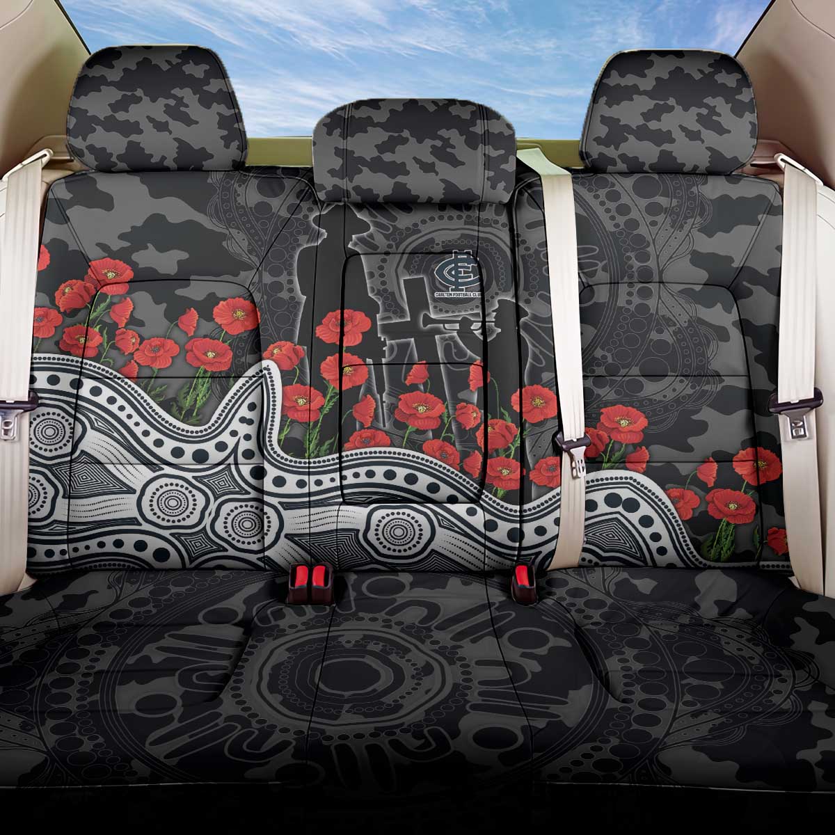 Carlton Blues ANZAC Day Back Car Seat Cover Indigenous Dot Art with Poppy Flower Tribute