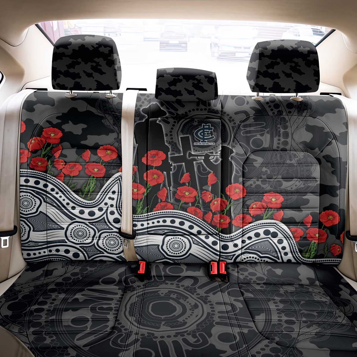 Carlton Blues ANZAC Day Back Car Seat Cover Indigenous Dot Art with Poppy Flower Tribute