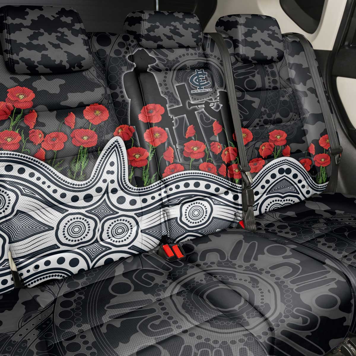 Carlton Blues ANZAC Day Back Car Seat Cover Indigenous Dot Art with Poppy Flower Tribute