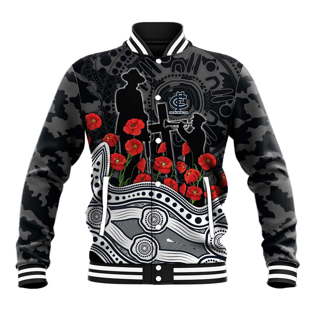 Carlton Blues ANZAC Day Baseball Jacket Indigenous Dot Art with Poppy Flower Tribute
