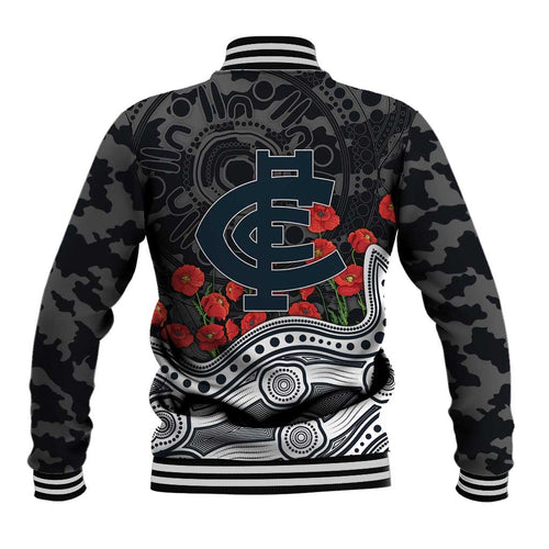 Carlton Blues ANZAC Day Baseball Jacket Indigenous Dot Art with Poppy Flower Tribute